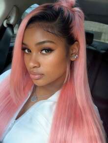 Ombre Light Pink With Dark Roots 13x4x1 HD Transparent Natural Straight Lace Front Wigs Human Hair Pre Plucked With Baby Hair T Part Human Hair Wigs For Women Ombre Baby Pink 250 Density Long Straight Glueless Wigs Human Hair - 根植與漸變 - 查看 1