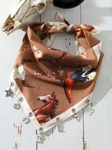 1件装女士时尚牛仔印花西部牛仔风格马头牛头印花围巾，配有牛仔靴、仙人掌、马蹄铁、五角星吊坠装饰，百搭日常佩戴 - 彩色 - 查看 7