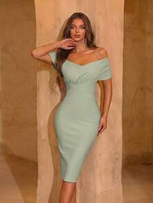 ADYCE Cross-Neck High Waist Zipper Back Fitted Mid-Length Bandage Dress For Wedding & Cocktail Party Summer Elegant - Mint Green - View 6