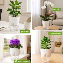 4个自动浇水室内植物花盆，包含4.33英寸塑料花盆，适合兰花、非洲紫罗兰和小型植物，带排水孔和浇水绳，园艺礼品家居装饰 - 透明底 - 查看 3