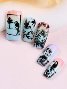 1pc Toucan Nail Art Stamping Plate, Summer Tropical Coconut Leaves Pineapple Pattern Design Y2K Style Printing Template Nail Art Accessory Tool, DIY Manicure Salon, Nail Supply - Silver - View 4