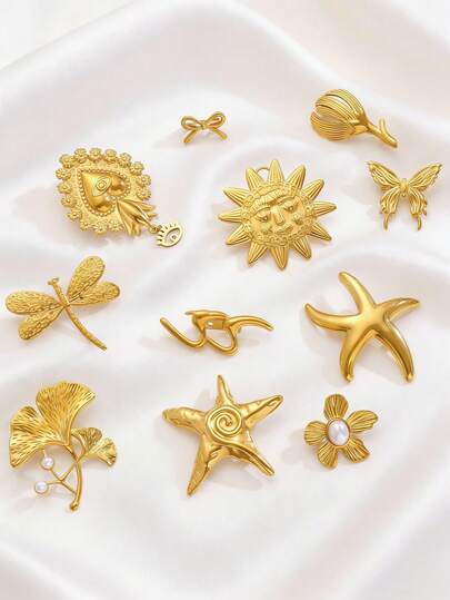 1件优雅奢华不锈钢胸针，百搭女士胸针，银杏叶、海星、花朵、蝴蝶、太阳、蜻蜓、心形、玉兰花多元素胸针，适合日常、派对、宴会佩戴，馈赠亲友，珠宝配饰