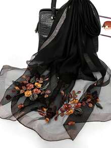 Women Elegant Pink Solid Beaded Floral Embroidery Scarf For Summer Travel, Autumn & Winter Warmth, Decorative Shawl Valentine Day OMAQ - màu đen - Xem 5