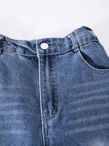 Jeans décontractés vintage lavés bleus amples à jambe droite pour préadolescents, vêtements de tous les jours et automne/hiver pour préadolescents - Bleu azur - Voir 4