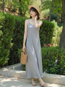 Y6Y新款法式蓝色柔软优雅女士长款无袖吊带连衣裙，春夏款 - 灰藍色 - 查看 1