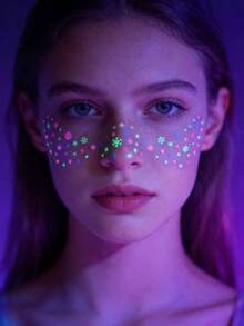 Tiebeauty 4pcs Glow-In--Dark Freckle Face Temporary Tattoos, Includes Heart, And Flower Patterns - Rave Parties, Cosplay Events And Neon Makeup, Shine Brightly And Stand Out - Multicolor - View 4