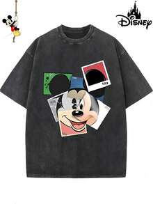 Disney Official Licensed Mickey Mouse  Collage Art Print Vintage Wash 230g Cotton Crew Neck Unisex Tee - màu đen - Xem 1