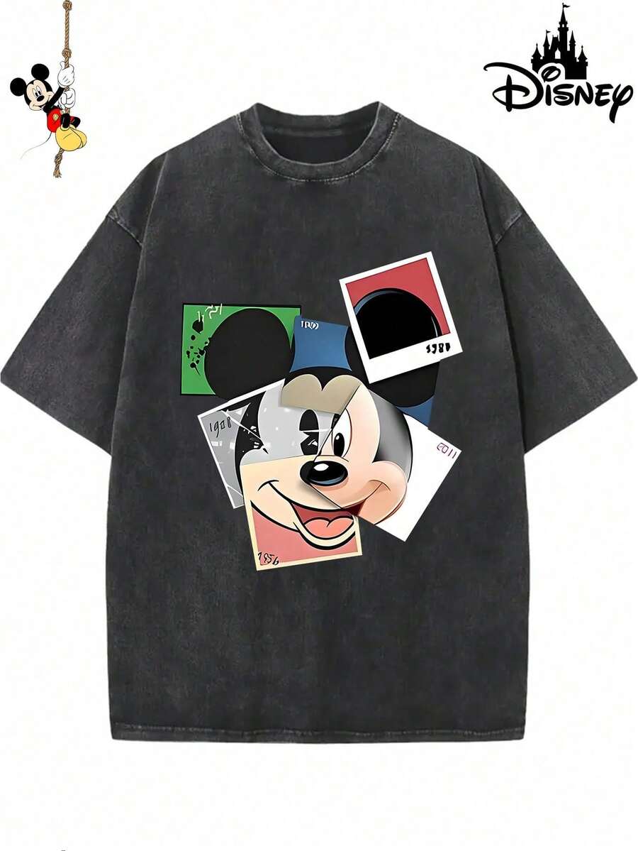 Disney Official Licensed Mickey Mouse  Collage Art Print Vintage Wash 230g Cotton Crew Neck Unisex Tee - màu đen - Xem 1