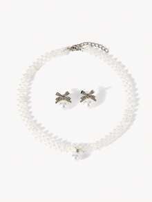 Opalesca 1 Set Minimalist Elegant Silver Rhinestone Bow Faux Pearl Braided Necklace & Earrings Jewelry Set, Chic & Luxurious Design, Suitable For Weddings, Parties, Everyday Wear For Women - Multicolor - View 2