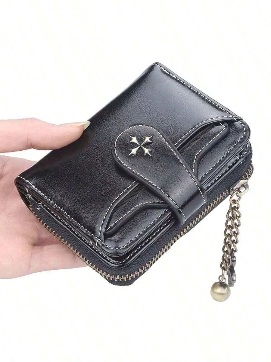 Wallet For Women & Men Classic Short PU Wallet, Portable Hasp Closure Coin & Card Holder, Slim Cash Purse For Work, Business, Commute, Office, College, Ideal Holiday Gift For Teachers, Boyfriend, Husband, Father, Brothers, Uncle & White-Collar Workers - 黑色 - 查看 1