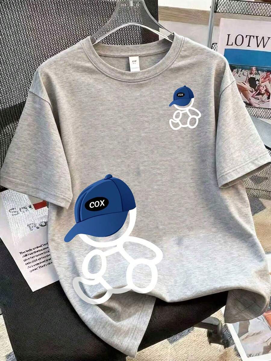 Teenage Boys' Clothing, Children's Wear, T-Shirt With Bear Wearing Hat Pattern - Casual Loose Short Sleeve Crew Neck Boys' T-Shirt - Perfect Summer Gift, Suitable For Spring And Summer Wear To School And Outings - Grey - View 1