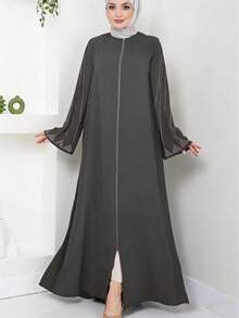Elegant Rhinestone Embellished Long Sleeve Loose Solid Color Dress, Middle Eastern Arabic Style Spring - Grey - View 2