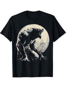 Koszulka z nadrukiem Evil Wolf Louvant Moon Halloween Alpha Male, rozmiary 2 - 10 lat, S-XXXL, odzież dziecięca dla chłopców, odzież dziecięca dla dziewczynek, odzież męska, bluzki damskie, pomysł na prezent dla fanów anime, unisexowa koszulka z grafiką na Dzień Świętego Patryka i Dzień Ojca, Dzień Matki, strój dla pary na mecze dla mężczyzn i kobiet, można dopasować do strojów rodzic-dziecko. - Czarne - Zobacz 8