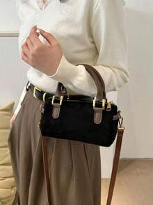 Fashionable High-End Cylinder Boston Bag For Women, Versatile Handheld/Shoulder/Crossbody Bag With Zipper, Frosted Pu Leather - Black - View 3