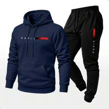 Unisex Paris Print Sweatshirt And Hoodie Set With Kangaroo Pocket - 海洋 - 查看 1