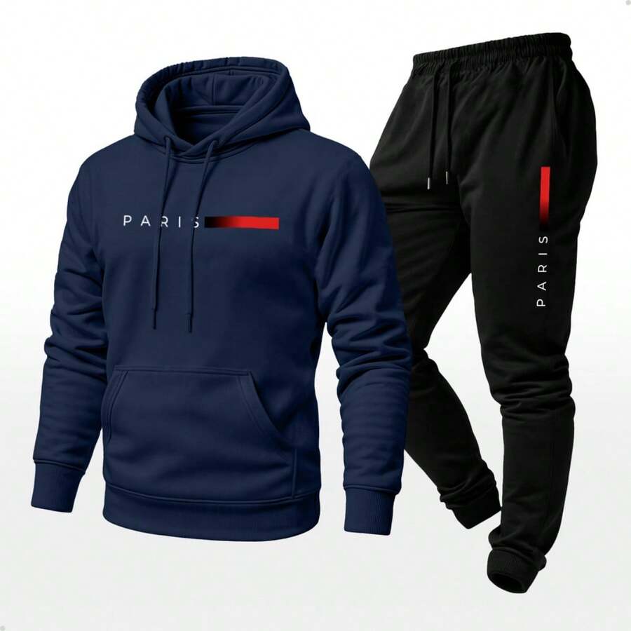 Unisex Paris Print Sweatshirt And Hoodie Set With Kangaroo Pocket - 海洋 - 查看 1