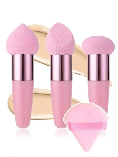 4/3/1 件套粉色化妆海绵套装，包含带柄化妆海绵、粉扑和化妆海绵。这些化妆工具可用于干湿两用，涂抹粉底、遮瑕膏、散粉和膏状产品。价格实惠，是送给女性的理想礼物。