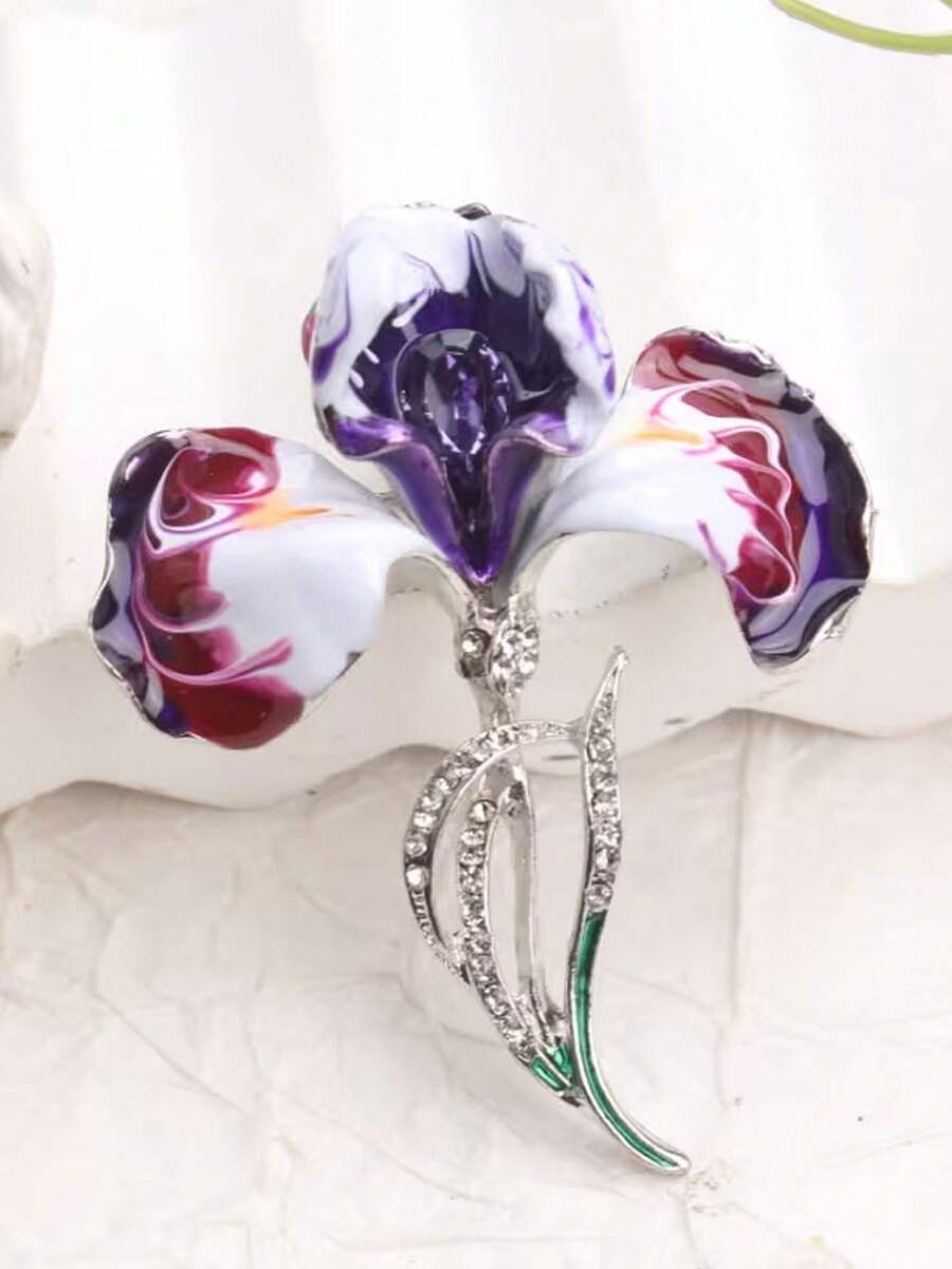 Exquisite Iris Brooch With Purple Enamel & Accents, Artistic Elegant-Themed Jewelry For Women, Perfect For Adding Refined Sparkling Charm To Outfits, Ideal Gift For Graceful Statement Style & Fashion Enthusiasts