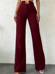 女士酒红色休闲优雅直筒裤，腰部饰有金属装饰，酒红色长裤，女士休闲裤，优雅女士长裤，户外裤，春季穿搭，春季服装，适合日常穿着、办公室通勤、约会、度假，四季皆宜（春/夏/秋/冬） - 酒紅色 - 查看 6