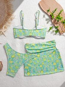 Mint Green Floral Print Bikini Set With Coverup And Skirt, Summer Beach Holiday Vacation - Multicolor - View 4