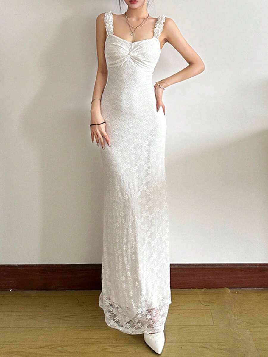 Đầm maxi ren trắng không tay dành cho nữ, đầm dạ hội dự tiệc thanh lịch với dây đeo mảnh. - trắng - Xem 1