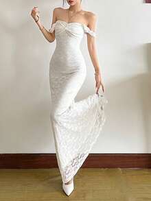 Đầm maxi ren trắng không tay dành cho nữ, đầm dạ hội dự tiệc thanh lịch với dây đeo mảnh. - trắng - Xem 3