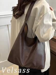 2pcs Women's Solid Color Embroidered Thread Fashion Large Capacity Shoulder Tote Bag With Snap Closure - 棕色 - 查看 2