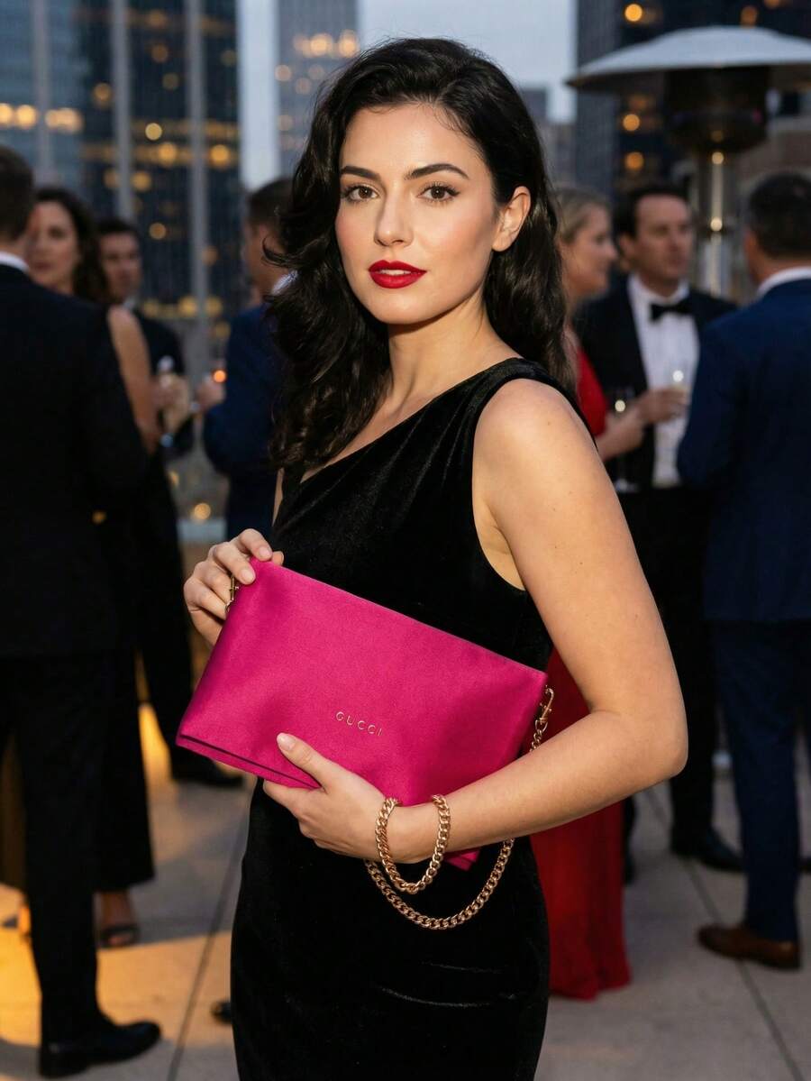 Gucci 1pc Wine Red Silk Makeup Bag, Convertible Shoulder/Crossbody, Cosmetic Storage Pouch With Adjustable Strap, Elegant Minimalist Daily Travel Accessory - Hot Pink - View 1