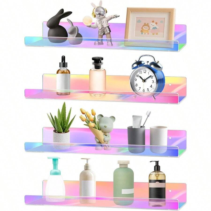 4 Pack Acrylic Shelves For Wall, 15" Acrylic Floating Shelves For Bathroom Bedroom, Invisible Bookshelf Wall Ledge Storage Shelf Books Perfume Action Figure Display Shelves, Iridescent - 15吋4包裝彩虹 - 查看 1