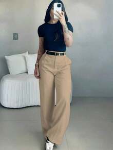 Women's High Waist Wide Leg Pants |   Spring Women's Clothing |   Casual Elegant Office Pants |   Spring Casual Wear |   Solid Color Loose Straight Bottoms |   Spring Apparel |   Women's Casual Wear |   Soft Comfortable Casual Pants |   Women's Casual Wear Matching |   Minimalist Fashionable Workwear |   Casual Suit |   New Year Preparation |   Essential Spring & Autumn, No Belt Included - Màu Khaki - Xem 2