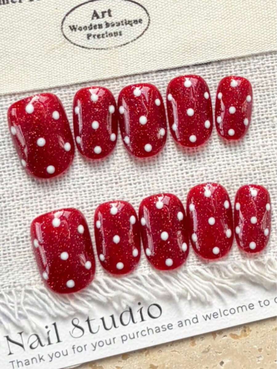 10 pegatinas de uñas hechas a mano. Con destellos de color rojo, brillantes de imitación, lunares lindos y efecto de ojo de gato. Adorables pero juguetones, estas pegatinas son removibles y reutilizables. Perfectas para mujeres, un gran regalo o para ocasiones especiales y uso diario. Uñas postizas hechas a mano - Rojo - Ver 1