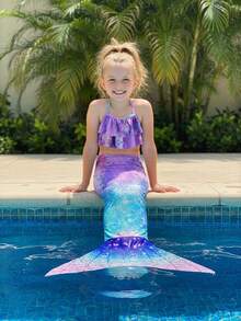 Children Girls Tankini Swimsuit 3 Piece Mermaid Bathing Suit Kids Ruffle Top With Shorts Fish Tail Bikini Set Swimwear 1-14Y - H - 查看 1
