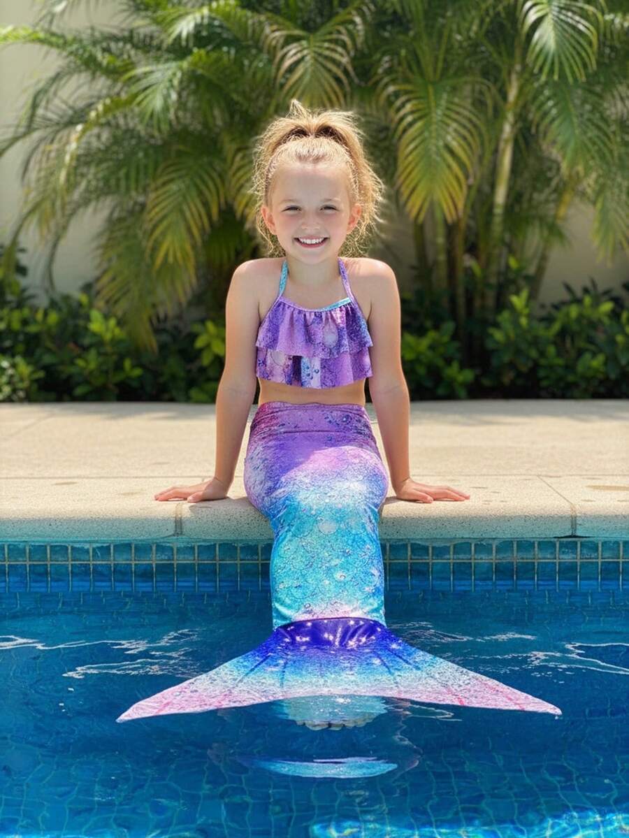 Children Girls Tankini Swimsuit 3 Piece Mermaid Bathing Suit Kids Ruffle Top With Shorts Fish Tail Bikini Set Swimwear 1-14Y - H - 查看 1