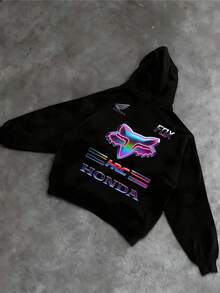 Men's Hardcore Sporty Hoodie With Fox Head And Racing Logo - American Street Style Motorcycle Pullover - Eye-Catching Item For Everyday Outings/Urban Strolls - Highly Recognizable Hoodie - màu đen - Xem 2