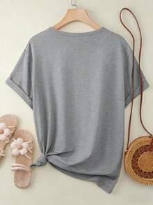Disney Heart Head "Love Xxx " Graphic Women's Short Sleeve T-Shirt Sweet Valentine's Casual Top - 淺灰色 - 查看 2