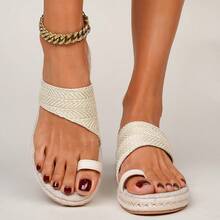 女士时尚草编厚底人字拖 - 杏色 - 查看 1