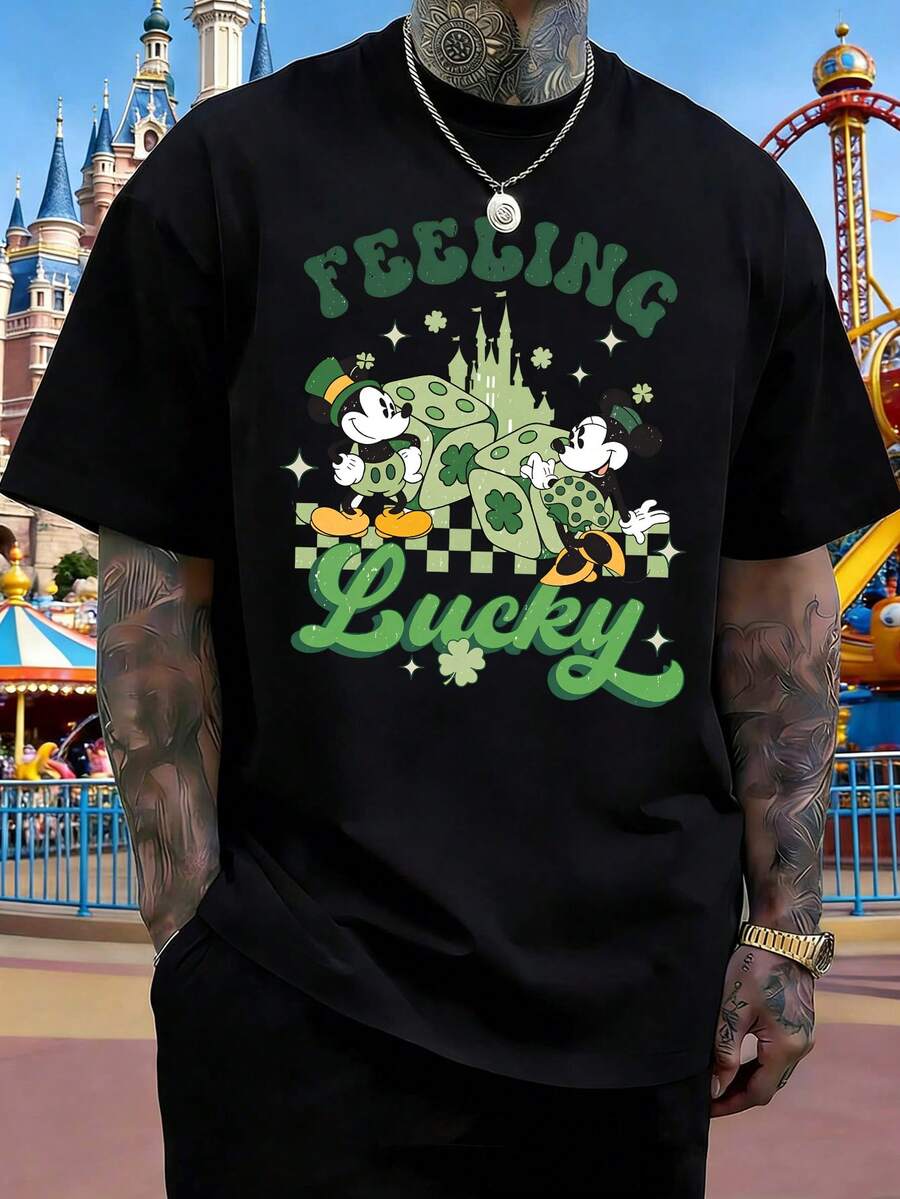 Disney Men's St. Patrick's Day T-Shirt With Mickey And Minnie Mouse Lucky Dice Castle Print. Unisex Crew Neck Short-Sleeved Top, Comfortable, Breathable, And Skin-Friendly Pure Cotton, Suitable For Holiday Outings, Vacations, And Everyday Commuting. - 黑色 - 查看 1