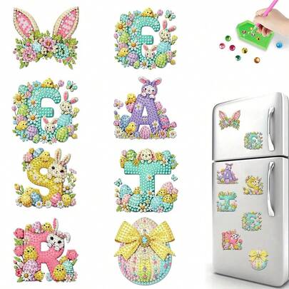 6pcs Diamond Art Easter Egg Letter Diamond Painting Magnets, DIY Diamond Painting Magnet Kit For DIY Crafts Gifts Fridge Mailbox Decor
