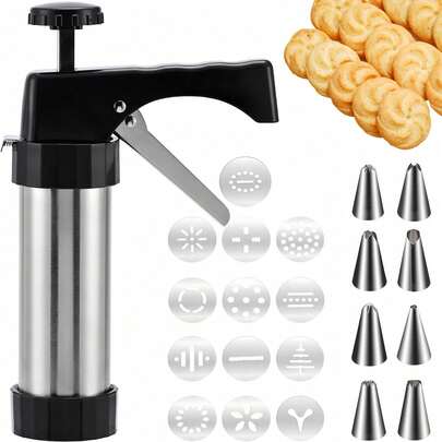 1pc Stainless Steel Cookie Press, Cookie Press Gun Kit With 13 Cookie Trays And 8 Piping Tips For DIY Christmas Cookie Maker, Valentine's Day Cookie Maker, Thanksgiving Cookie Maker