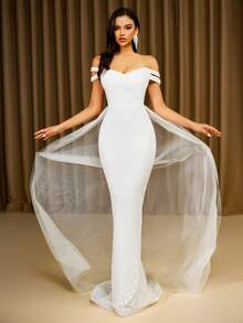LOVE&LEMONADE Elegant White Off Shoulder Flowing Mesh Patchwork Backless Criss-Cross Tie Mermaid Long Wedding Dress - White - View 3