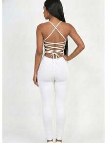 Women's Solid Color Criss Cross Open Back Bodycon Jumpsuit - Casual Sexy Slim Fit All Season Jumpsuit, Polyester, Machine Washable - White - View 3