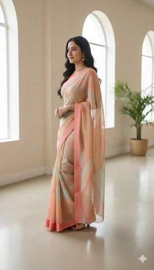 Georgette Shaded Saree With Border And Tassels, Readymade Blouse, Long Sleeve, Size 40