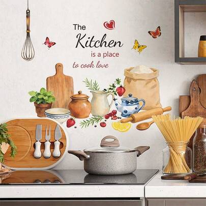1 miếng dán tường hình dụng cụ nhà bếp hoạt hình kèm khẩu hiệu tiếng Anh, chất liệu PVC tự dính, có thể tháo rời, tạo điểm nhấn thú vị cho nhà bếp hoặc phòng ăn, hình các dụng cụ nấu ăn dễ thương với các câu tục ngữ tiếng Anh, có thể bóc và tháo rời, thích hợp cho cửa tủ, tường bếp hoặc tủ đựng đồ, trang trí nhà cửa vui nhộn cho những người yêu thích ẩm thực, ngay lập tức biến bức tường bếp bình thường thành điểm nhấn thú vị.