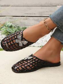 2026夏季女士水钻蝴蝶果冻穆勒鞋 | Y2K镂空平底拖鞋，适合沙滩和休闲穿着 - 黑色 - 查看 3