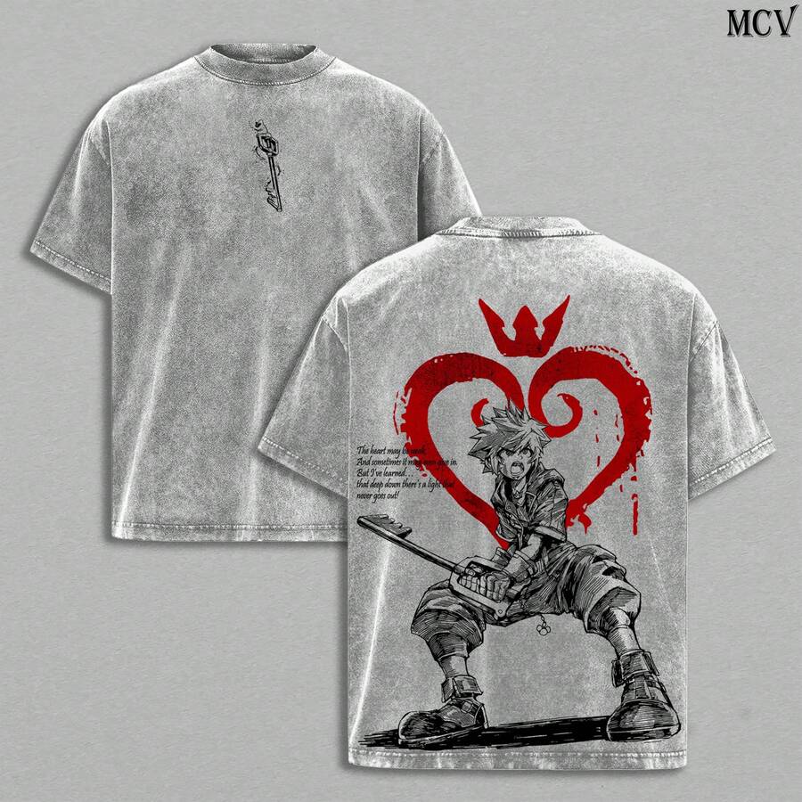 Sora  Tee Washed –  Vintage Washed Heavy Cotton Oversized Graphic T-Shirt & Hoodie, Retro Anime Game Crossover Streetwear, Keyblade Wielder Heartless Emblem Edition, Unisex Aesthetic TopHX0002 - 灰色 - 查看 1