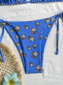 Women's Summer Beach Floral Print Halter Neck Tie Bikini Top And Triangle Bottom Two-Piece Swimwear Set - Blue - View 3