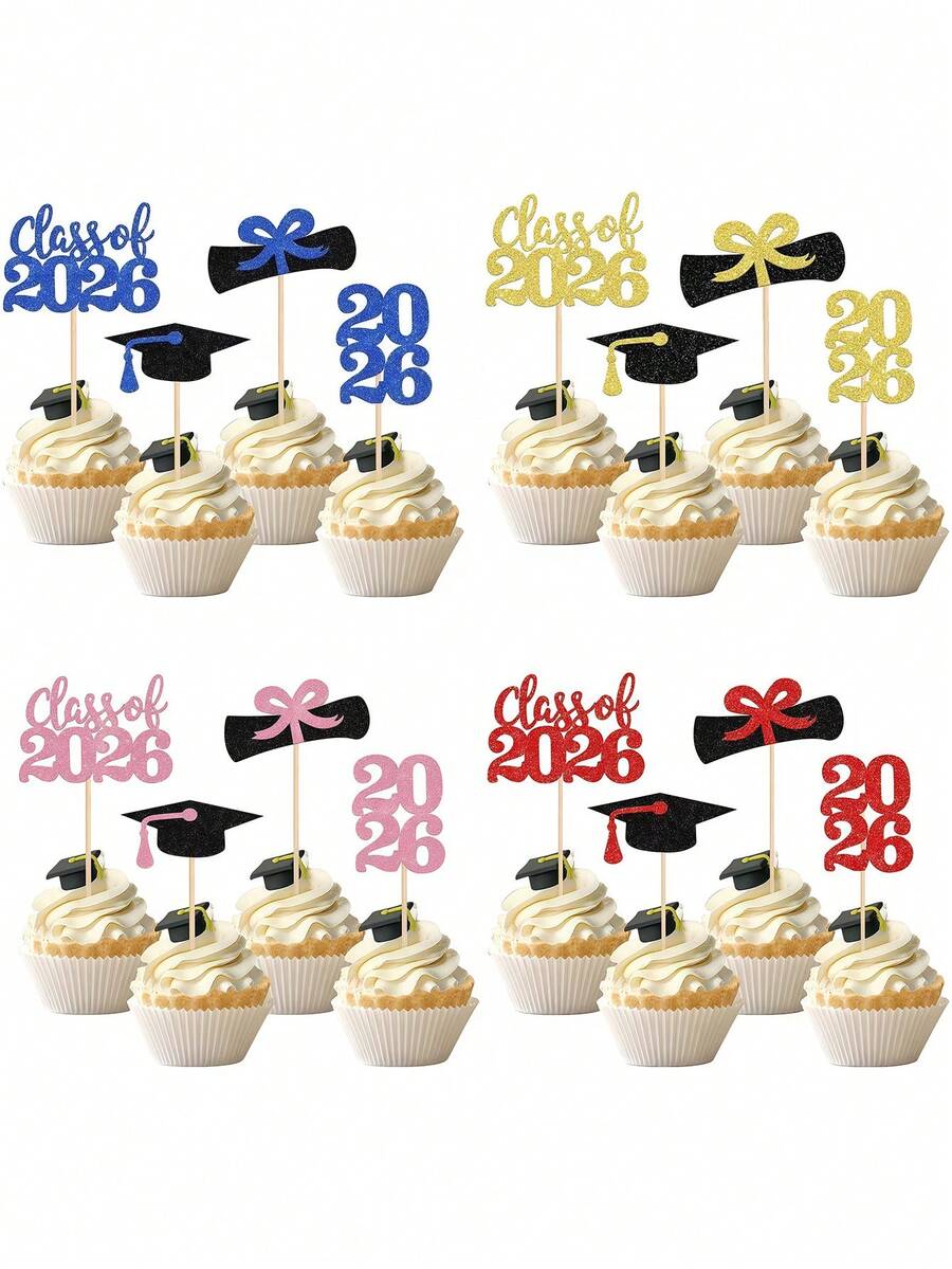 4pcs 2026 Graduation Cupcake Toppers, Blue/Pink/Red/Gold Glitter Double-Sided Graduation Cap Cake Decorations, 2026 Graduation Party Cake Topper Picks, Dessert Decor With Diploma And Graduation Cap Designs, Suitable For 2026 Graduation Party Decorations - Multicolor - View 1