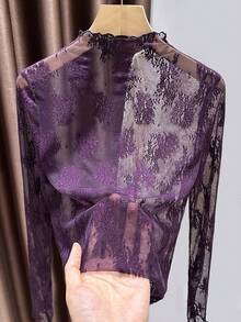 Women's Lace Turtleneck Undershirt, Fashionable Mesh Long Sleeve Top - Purple - View 10