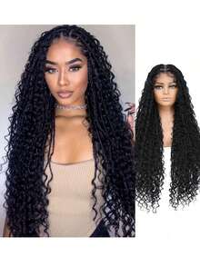 32英寸全双层蕾丝前方形无结盒式辫假发，波西米亚风卷发尾，黑色盒式辫假发，带婴儿发，适合美国女性，合成蕾丝前额辫子假发，圣诞节日常、新年、狂欢节、音乐节等场合佩戴。 - 黑色 - 查看 11