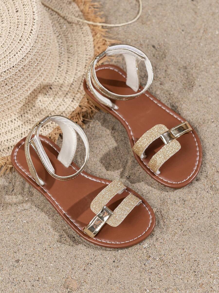 A Pair Of Golden Gretel Children's Sandals Is Perfect For Summer Wear. Roman-Style Sandals, Bohemian-Style Sandals. Girls' Beach Sandals, Girls' Sandals, Children's Hook And Loop Sandals, Beach Shoes And Children's Shoes. - Rose Gold - View 1